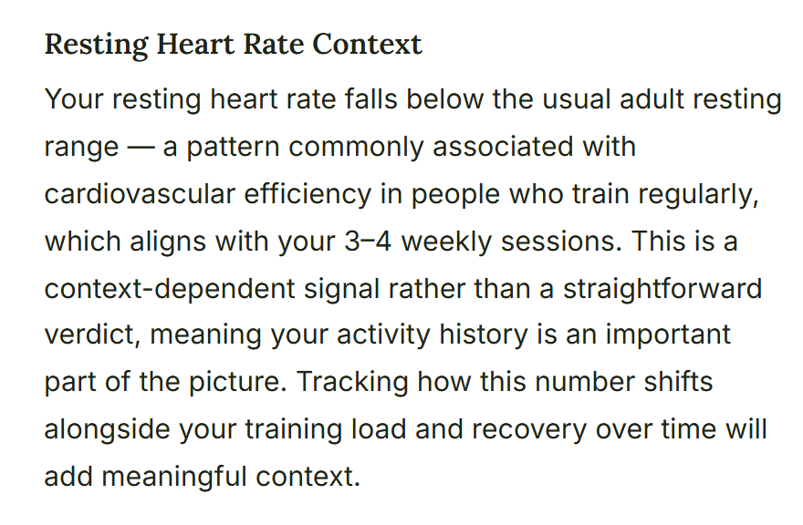 Free Baseline Audit finding titled Resting Heart Rate Context, describing a resting heart rate below the usual adult range and what it may mean alongside training.