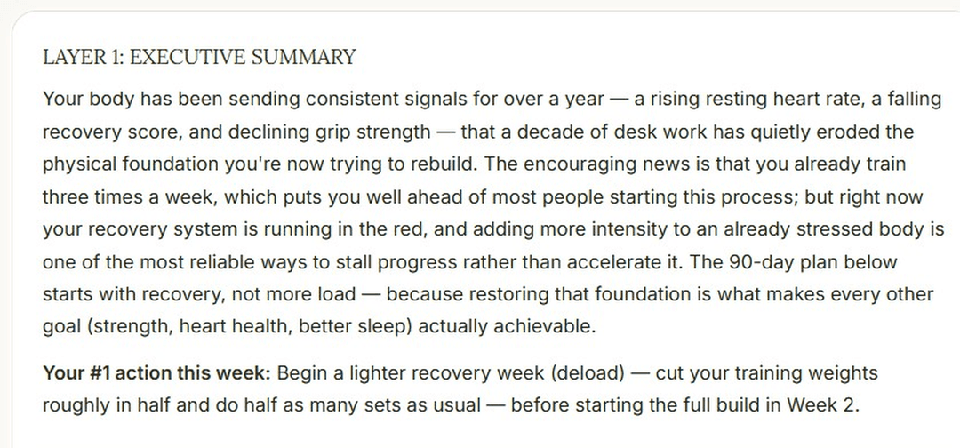Sample protocol output showing training recovery analysis
